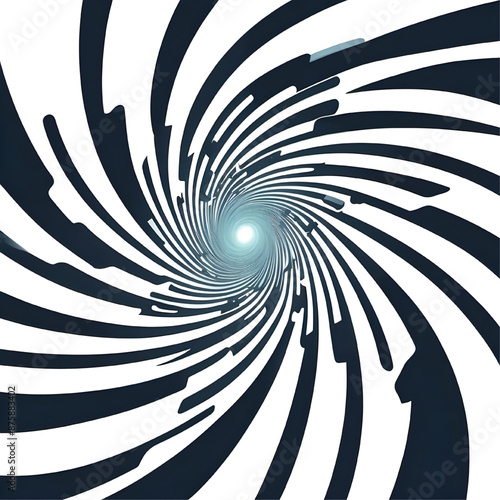 Spiral Vortex Journey: Abstract swirling tunnel of black and white stripes drawing the viewer into the bright center.