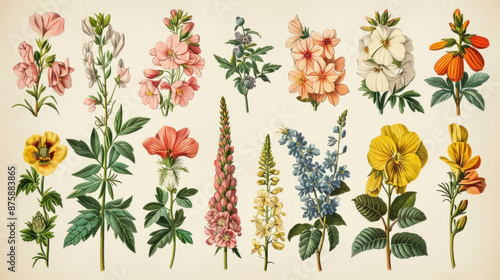 Exquisite vintage botanical illustration of various flowers and florals.