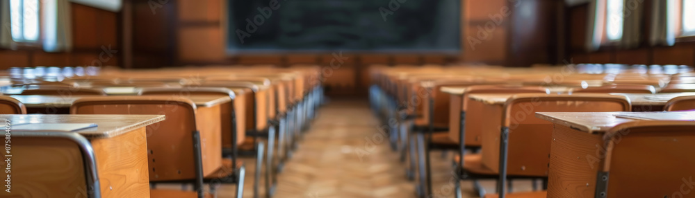A tranquil empty classroom with neat rows of desks and a blurred chalkboard in the background. A tranquil empty classroom with neat rows of desks and a blurred chalkboard in the background.