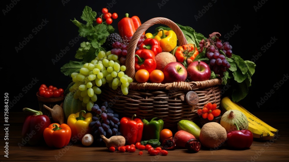 Rustic wicker basket overflowing with colorful fresh fruits and vegetables, farm harvest display on wooden table background. Organic healthy eating concept with assorted seasonal produce in natural se Rustic wicker basket overflowing with colorful fresh fruits and vegetables, farm harvest display on wooden table background. Organic healthy eating concept with assorted seasonal produce in natural se