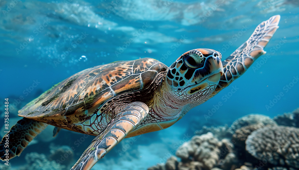 Obraz premium Write about a marine biologist who uses a portrait of a happy sea turtle to study the behavior and emotions of marine animals. What discoveries do they make, and how does the portrait contribute