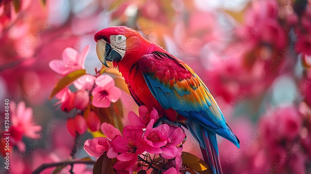 Obraz premium Gorgeous parrot perched atop a pink flower covered branch very detailed and realistic shape