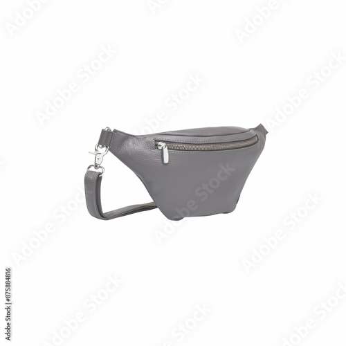 Fashion unisex business Office Waist Belt Bag isolated White Background. Grey Leather Banana Bag, waist bag, bumbag with zipper for men women. Side view. Template, mock up. clipping path included. photo