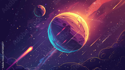 planet with shine stars and satelites around dark space background, orange, blue and purple, flat illustration