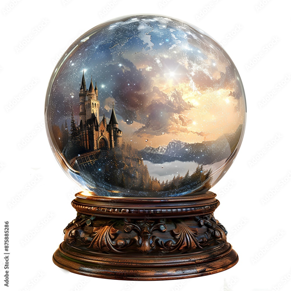 A crystal ball resting on an ornate wooden stand A crystal ball resting on an ornate wooden stand