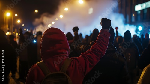 Crowd of protesters with raised fists walking in a march at night, lit by street lamps, rioter in a red hoodie in the foreground, activism and demonstration concept.