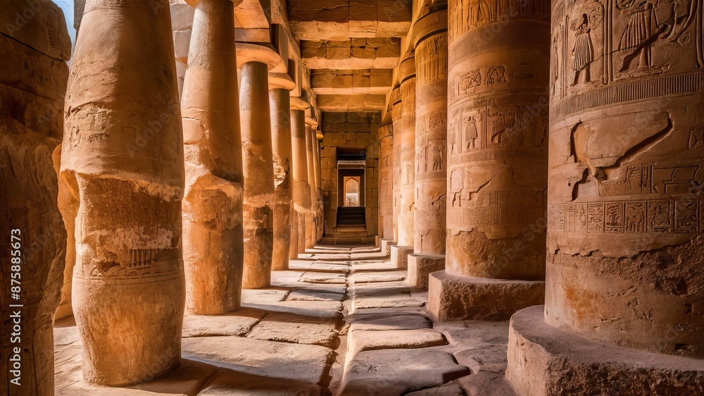 Stone pillars stand tall in a row of stone pillars. which is an important architectural landmark of Egyptian civilization Stone pillars stand tall in a row of stone pillars. which is an important architectural landmark of Egyptian civilization