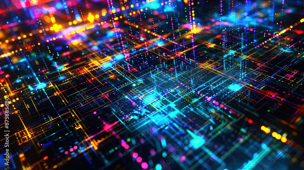 Dynamic Techno Grid - Abstract Digital Art with Vibrant Colors and Futuristic Design Dynamic Techno Grid - Abstract Digital Art with Vibrant Colors and Futuristic Design