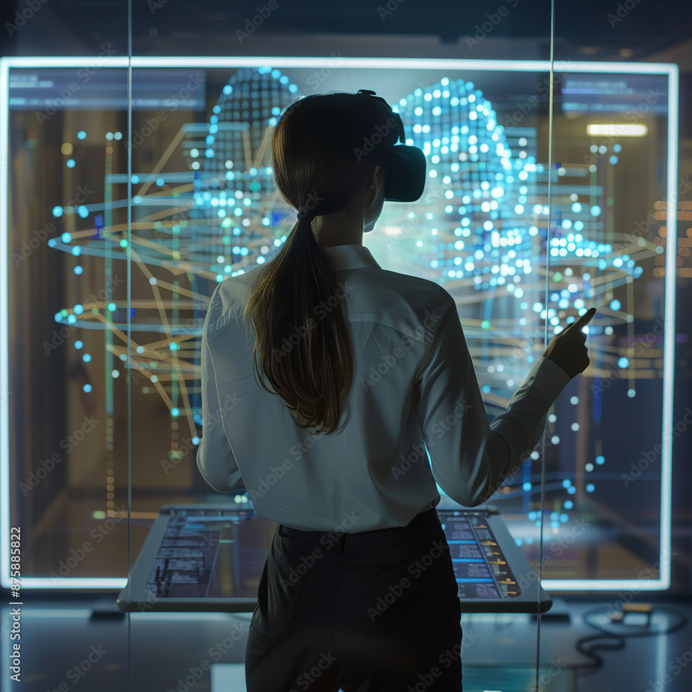Fototapeta premium Write about a company that has integrated holographic data visualization into its daily operations. How do employees interact with the data? Describe a typical day in the office with this advanced tec