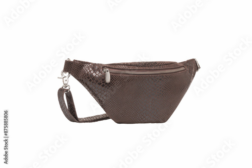 Fashion unisex business Office Waist Belt Bag isolated White Background. Brown Leather Banana Bag, waist bag, bumbag with zipper for men women. Side view. Template, mock up. clipping path included. photo