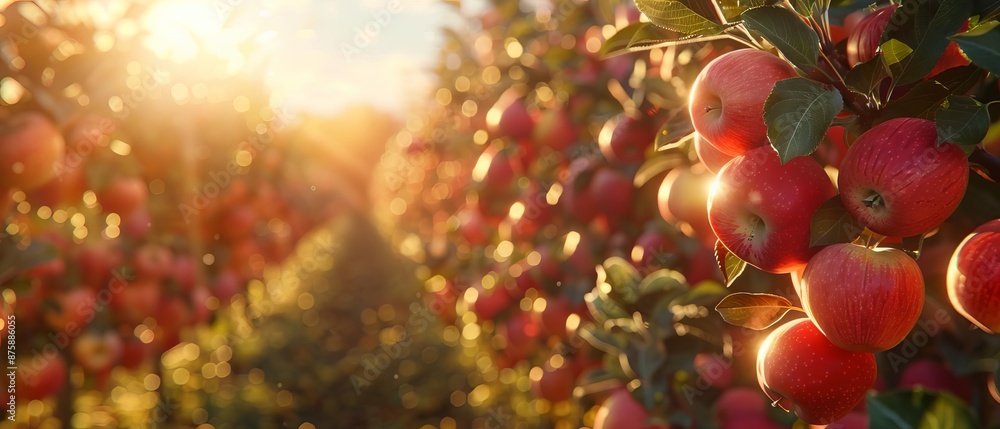 A vibrant apple orchard at sunrise, with rows of trees laden with ripe apples, and a family picking apples together, high detail A vibrant apple orchard at sunrise, with rows of trees laden with ripe apples, and a family picking apples together, high detail