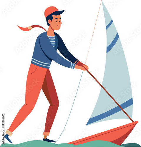 Illustration of Man Sailing a Boat in Windy Weather