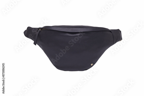 Fashion unisex business Office Waist Belt Bag isolated White Background. Black Leather Banana Bag, waist bag, bumbag with zipper for men women. Front view. Template, mock up. clipping path included. photo