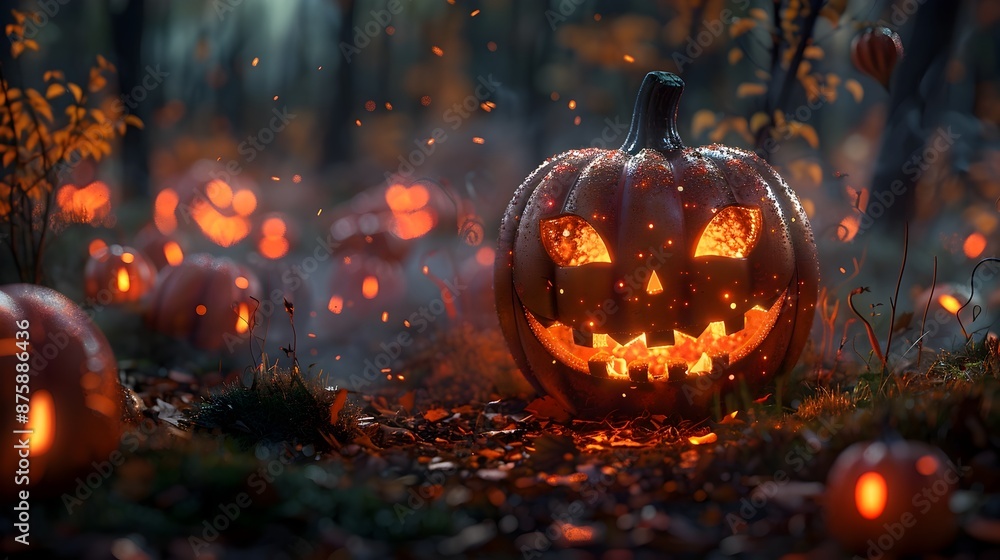 Eerie Glowing Jack o  Lanterns in a Dimly Lit Pumpkin Patch at Night