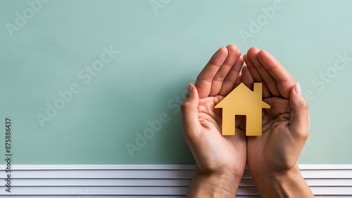 two hands gently cupping a small yellow house icon against a light teal background,space for text. photo