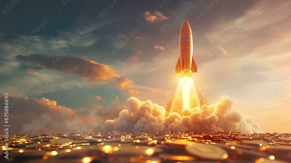 Naklejka premium Spaceship launching into space against a sunset sky with clouds and cityscape in the background