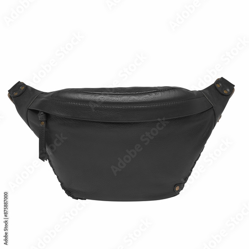 Fashion unisex business Office Waist Belt Bag isolated White Background. Black Leather Banana Bag, waist bag, bumbag with zipper for men women. Front view. Template, mock up. clipping path included. photo