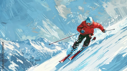 Downhill Skier. Enjoying Winter Sports in the Mountains with Snowy Slopes