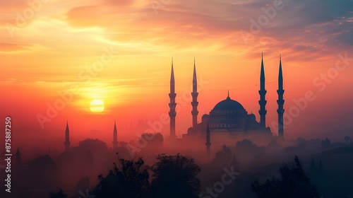 Sunset silhouette of a mosque with minarets in the misty distance, vibrant sky with warm hues and gradient background, serene evening scene © Muhammad