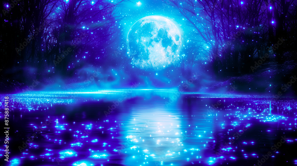 Obraz premium Fantastic night landscape with lake moon and starry sky