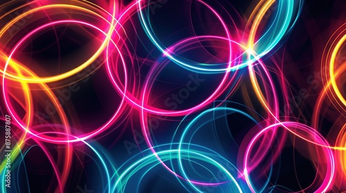 Luminous Neon Rings Abstract Composition on Dark Background