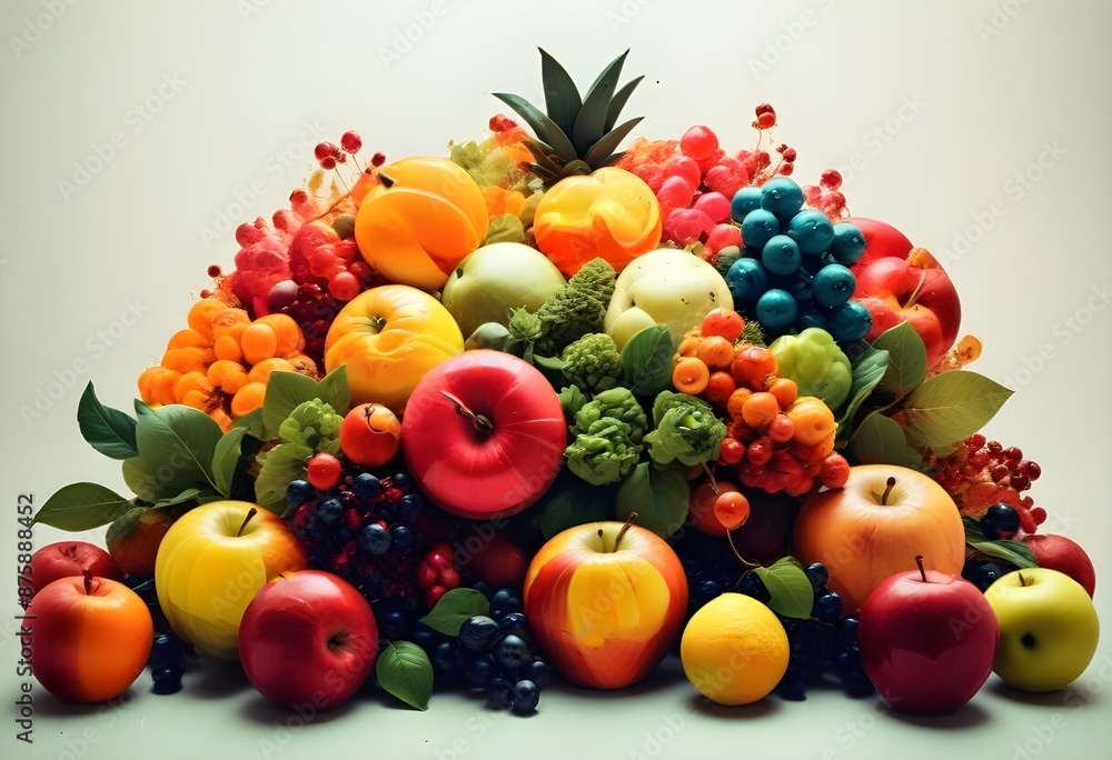 A vibrant and colorful arrangement of various fresh fruits including apples, oranges, lemons, pomegranates, and berries, creating a dynamic and visually striking composition A vibrant and colorful arrangement of various fresh fruits including apples, oranges, lemons, pomegranates, and berries, creating a dynamic and visually striking composition