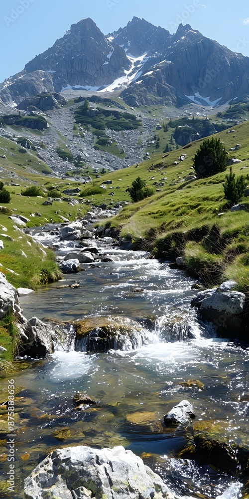 Mountain stream in a valley with snow capped mountains in the distance