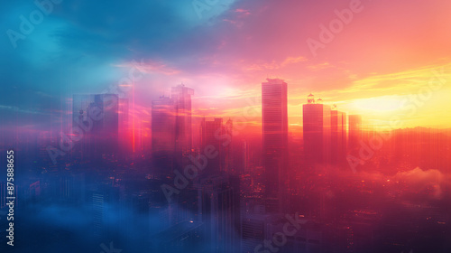 A cityscape at sunrise, with skyscrapers silhouetted against the colorful sky. The image evokes a feeling of urban awakening and the bustling energy of a city coming to life