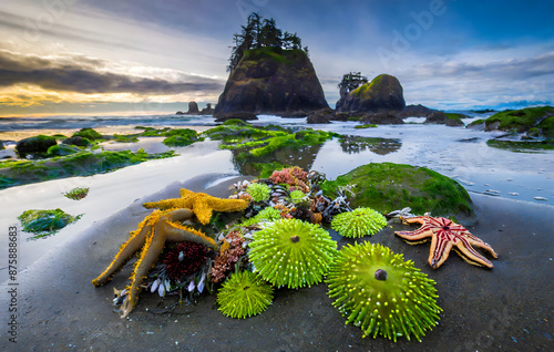 Low tide exposes a variety of sea life including sea stars, giant green anemones, and goose. Generative AI. photo