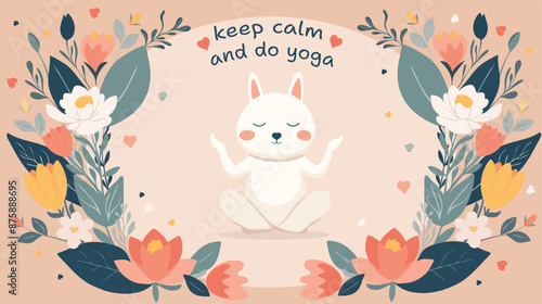 Vector floral illustration with cute animal in lotus pose. Card with meditating cartoon character and quote. Childish print with animal doing yoga and lettering. T-shirt print for yoga studio.