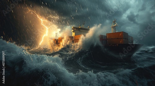 ship valiantly navigates through turbulent waters as thunderbolts illuminate the stormy sky. photo