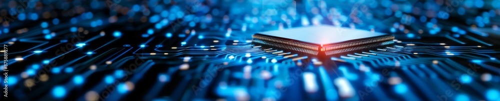 abstract technology background circuit board with processor chip in blue and red hues. abstract technology background circuit board with processor chip in blue and red hues.