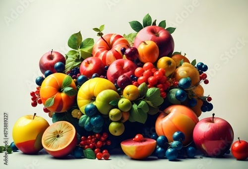 A vibrant and colorful arrangement of various fresh fruits including apples, oranges, lemons, pomegranates, and berries, creating a dynamic and visually striking composition 