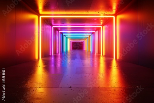abstract neon light tunnel - psychedelic colorful glowing corridor 3d rendering. © auc