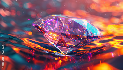 Visualize an abstract image about diamond floating in the sky, casting beams of light that change the landscape below. Write a story about the magical properties of this diamond and the impact it has photo