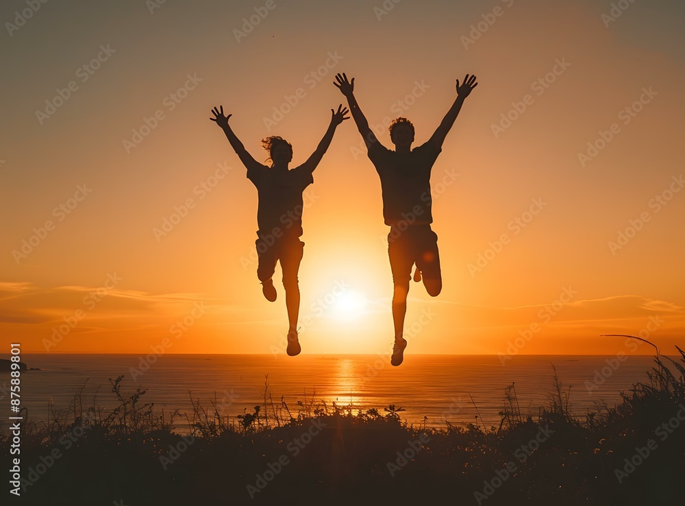 Silhouettes of Two People Jumping in Front of a Sunset Silhouettes of Two People Jumping in Front of a Sunset