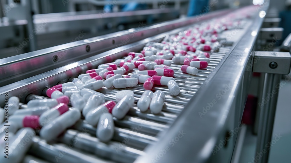 Fototapeta premium medicine pills on conveyor belt rollers or production line, automated industrial factory manufacture