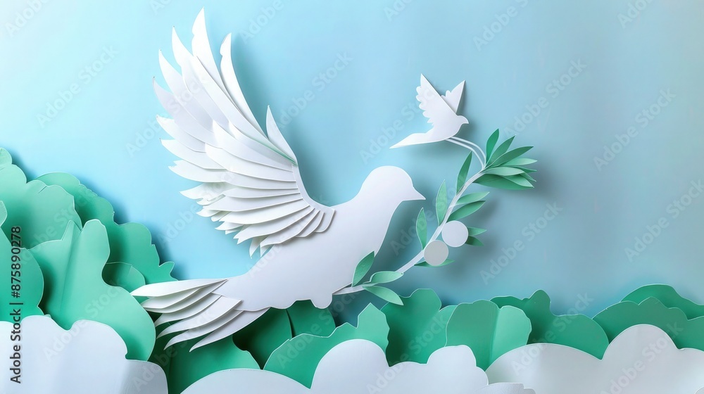 Obraz premium Paper cut dove carrying an olive branch flies across a light blue sky with layered cutout clouds, making a perfect visual for peace treaty announcements or environmental.