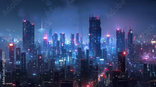 Glowing Neon Futuristic Cityscape: Illuminated Skyscrapers in Night Skyline with Distant Horizon View