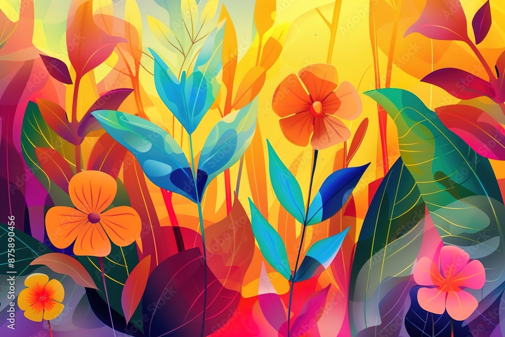 Colorful and vibrant depiction of a lush garden with a variety of flowers and foliage Colorful and vibrant depiction of a lush garden with a variety of flowers and foliage