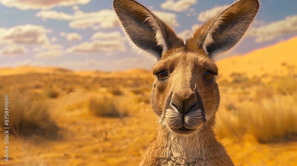 In the desert an orange kangaroo stares at the camera very detailed and realistic shape In the desert an orange kangaroo stares at the camera very detailed and realistic shape