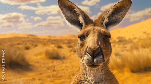 In the desert an orange kangaroo stares at the camera very detailed and realistic shape