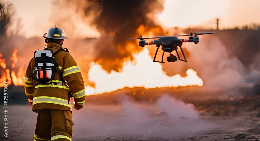 Firefighter using a drone to extinguish a fire. Drone for rescue. Firefighter using a drone to extinguish a fire. Drone for rescue.