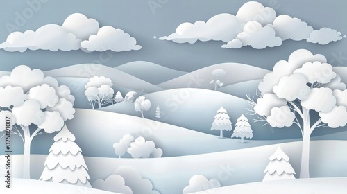 Design an artistic rendition of a rolling green landscape in paper cut style, with towering mountains and a river flowing through the valley