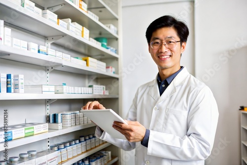 Wallpaper Mural Smiling Asian Pharmacist Organizing Medicine Shelves
 Torontodigital.ca