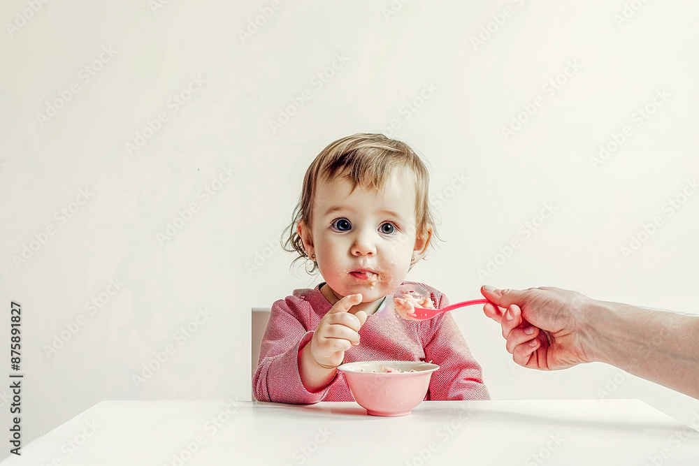 Cute baby in a pink jacket sits on a high chair while feeding Cute baby in a pink jacket sits on a high chair while feeding
