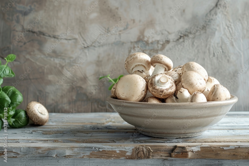 White Button Mushrooms in a Gray Bowl on a Wooden Table White Button Mushrooms in a Gray Bowl on a Wooden Table
