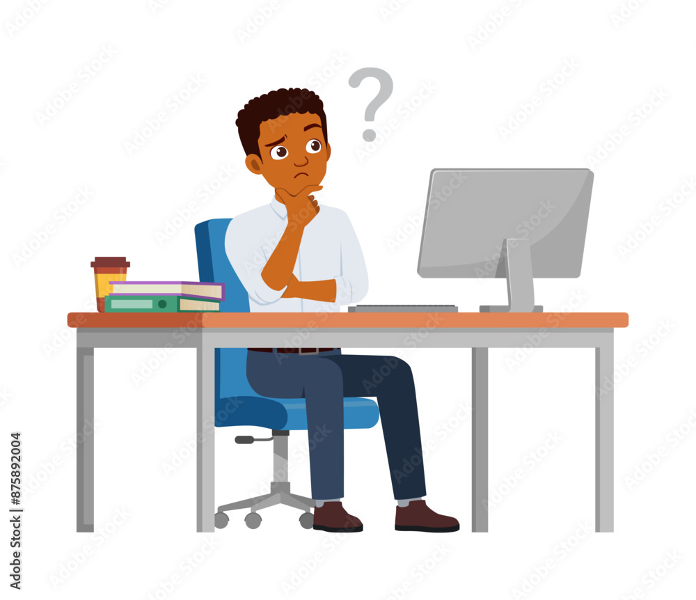 man employee sit think in desk working on office with computer and question mark man employee sit think in desk working on office with computer and question mark