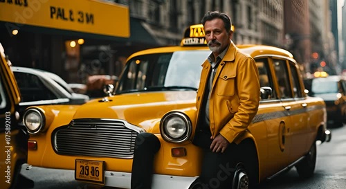 Taxi driver next to his taxi. photo