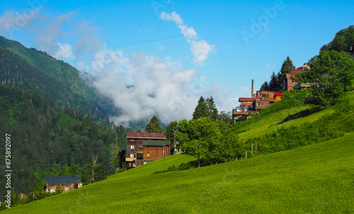 Canvas Print Ayder plateau, local houses and mountains and clouds, Black Sea Region, Turkey